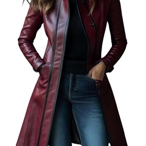Womens Burgundy Lambskin Leather Coat, Handmade Long Slim Fit Trench Overcoat, Real Leather Winter Jacket Elegant Fall Coat, gift for mom