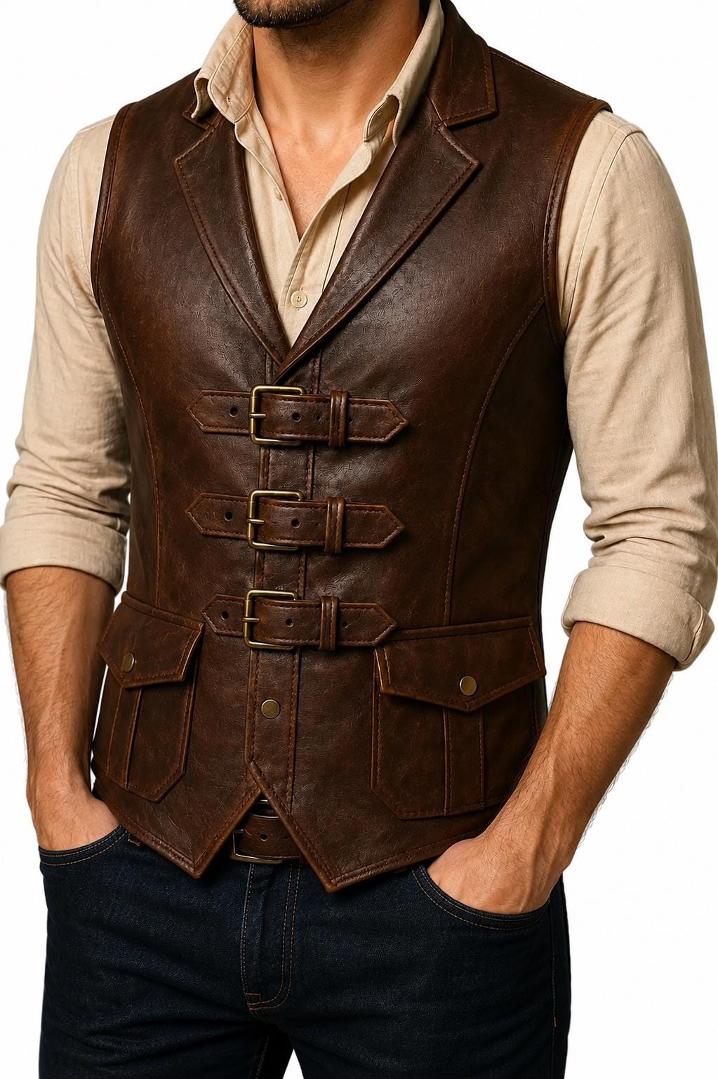 Men's Distressed Brown Leather Vest, Vintage Western Leather Waistcoat, Handmade Cowboy Steampunk Vest