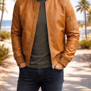 Men's Lightweight Leather Jacket Summer Spring Bomber, Handmade Sheepskin Slim Fit Moto Style Casual Jacket Fathers Day Gift for Him