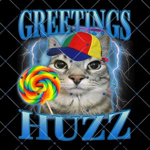 Op de afbeelding: Een digitale afbeelding met een kat die een kleurrijke baseballcap met een propeller draagt. De kat houdt een regenboog lolly vast. De woorden "GREETINGS HUZZ" staan in blauwe, gestileerde tekst tegen een zwarte achtergrond met bliksem en een raster.