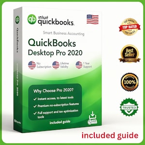Puede incluir: Una caja de software QuickBooks Desktop Pro 2020 con un diseño verde y blanco. La caja presenta la bandera estadounidense e incluye texto como "Sin suscripción" y "1 año de soporte". También tiene insignias que dicen "Mejor valorado" y "Más vendido".
