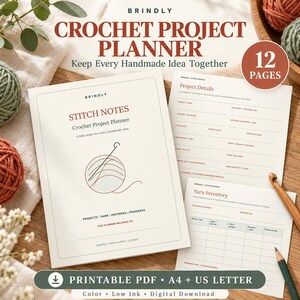May include: A Brindly crochet project planner with a cream cover featuring a yarn ball and needle illustration. The text reads Stitch Notes Crochet Project Planner. Includes project detail and yarn inventory pages, 12 pages total.