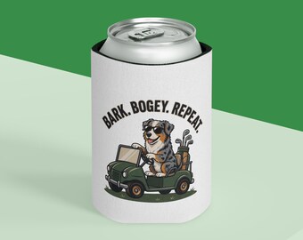 Enfriador de latas de pastor australiano, divertido enfriador de latas con diseño de pastor australiano, enfriador de latas con el lema "Bark Bogey Repeat", regalo para papás de perros, regalo para amantes de los pastores australianos.