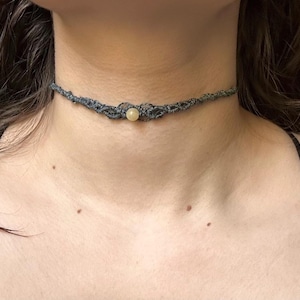 Makramee Choker with Beads, Adjustable Necklace in Gray 1.0mm Cord