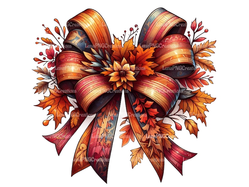 Floral Fall Ribbon Autumn Bow Clipart PNG, Fall Leaves Digital Download, Elegant Ribbon ...