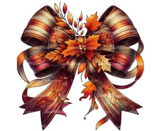 Autumn Bow Clipart PNG, Fall Leaves Digital Download, Elegant Ribbon Design, Thanksgiving Scrapbooking Graphic