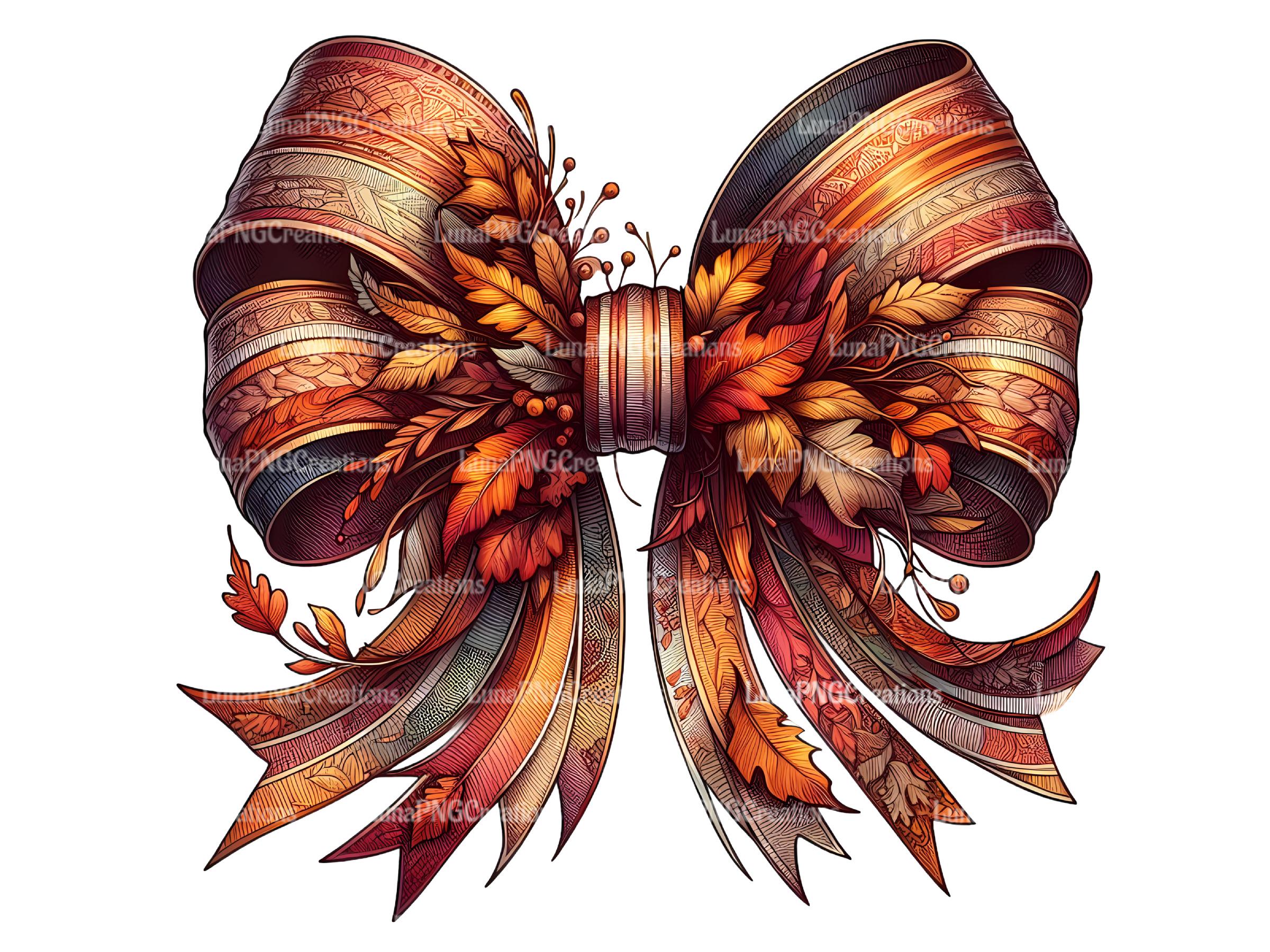 Autumn Bow Clipart PNG, Fall Leaves Digital Download, Elegant Ribbon ...
