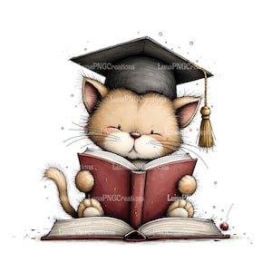 Cute Cat Reading Book Art Print, Graduation Cap, Kitten Scholar Illustration, Pet Lovers Gift, Wall Decor, Nursery Artwork