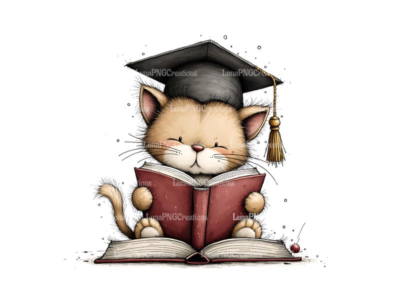 Cute Cat Reading Book Art Print, Graduation Cap, Kitten Scholar Illustration, Pet Lovers Gift, Wall Decor, Nursery Artwork