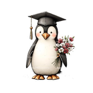 Graduation Penguin Art Print, Cute Cartoon Penguin with Cap and Flowers, University Grad Gift, Nursery Wall Decor, Animal Illustration