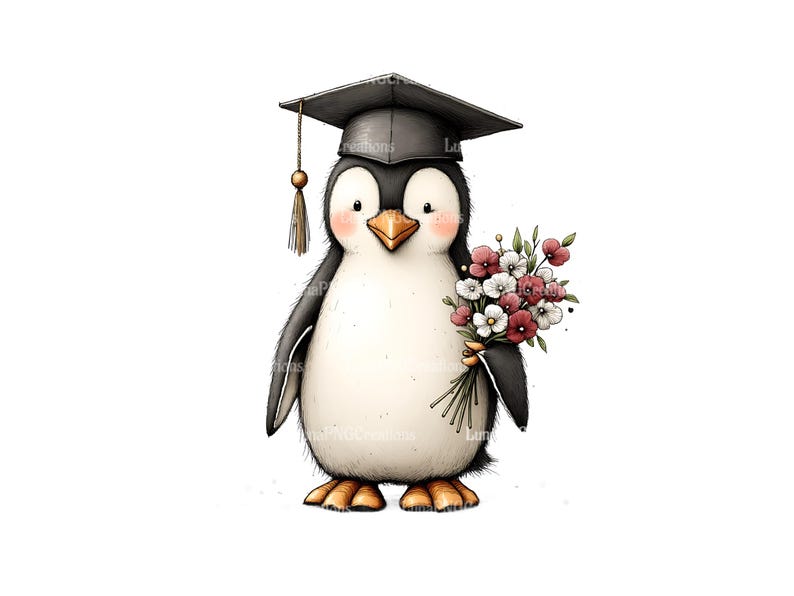 Graduation Penguin Art Print, Cute Cartoon Penguin with Cap and Flowers, University Grad Gift, Nursery Wall Decor, Animal Illustration
