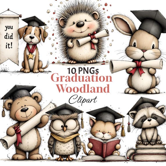 Graduation Animal Clipart PNG, Woodland Whimsical Download, Academic Scrapbooking