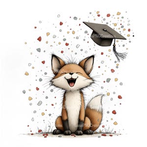 Cute Fox Graduation Art Print, Whimsical Nursery Decor, Playful Animal Wall Art, Colorful Confetti Illustration for Kids Room