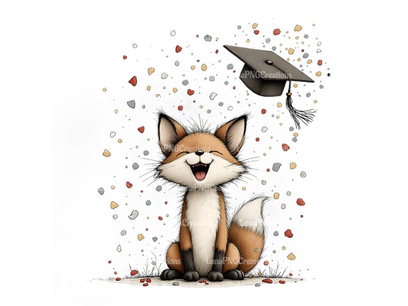 Cute Fox Graduation Art Print, Whimsical Nursery Decor, Playful Animal Wall Art, Colorful Confetti Illustration for Kids Room