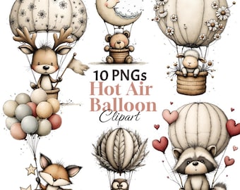 Woodland Animals Clipart PNG, Hot Air Balloon, Nursery Art Graphics, Baby Shower Decor Digital