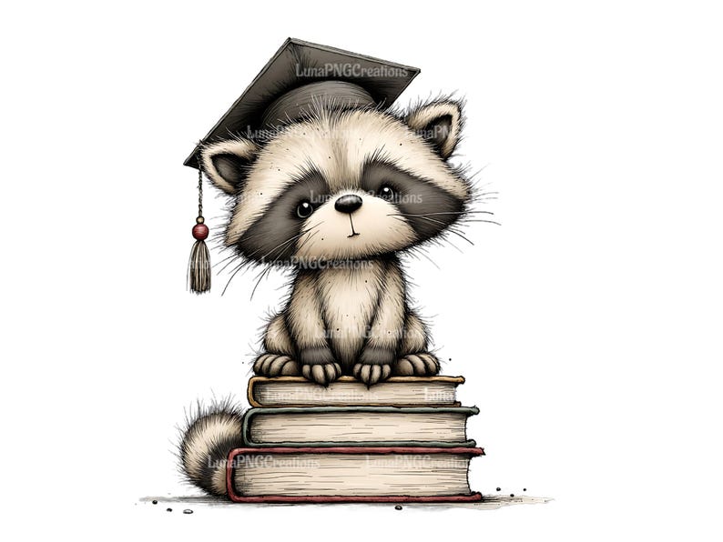 Cute Raccoon Graduate Art Print, Scholarly Animal on Books Illustration, Nursery Wall Decor, Unique Graduation Gift Idea