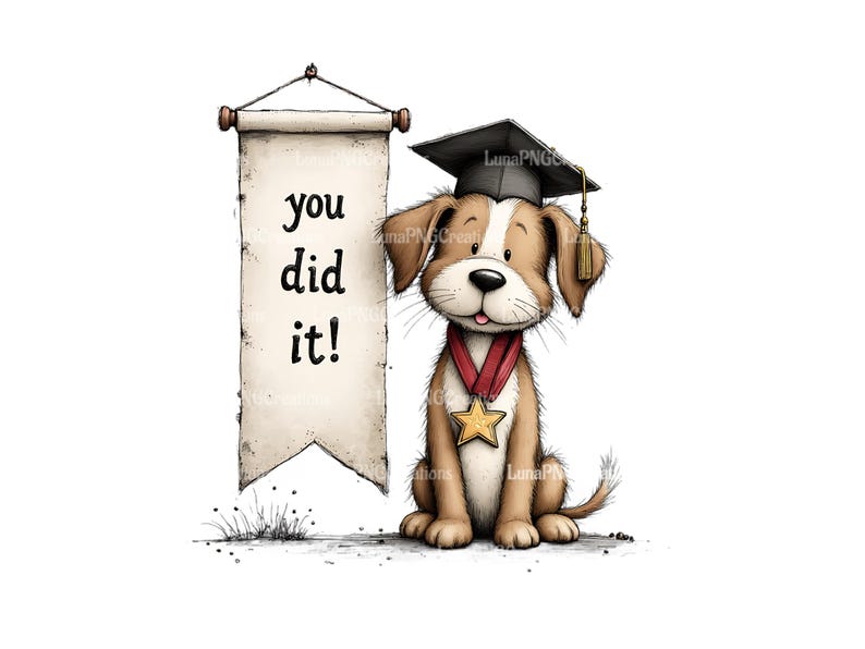 Graduation Dog Art Print, Cute Puppy with Cap Diploma, Congratulations Wall Decor, Grad Gift Idea