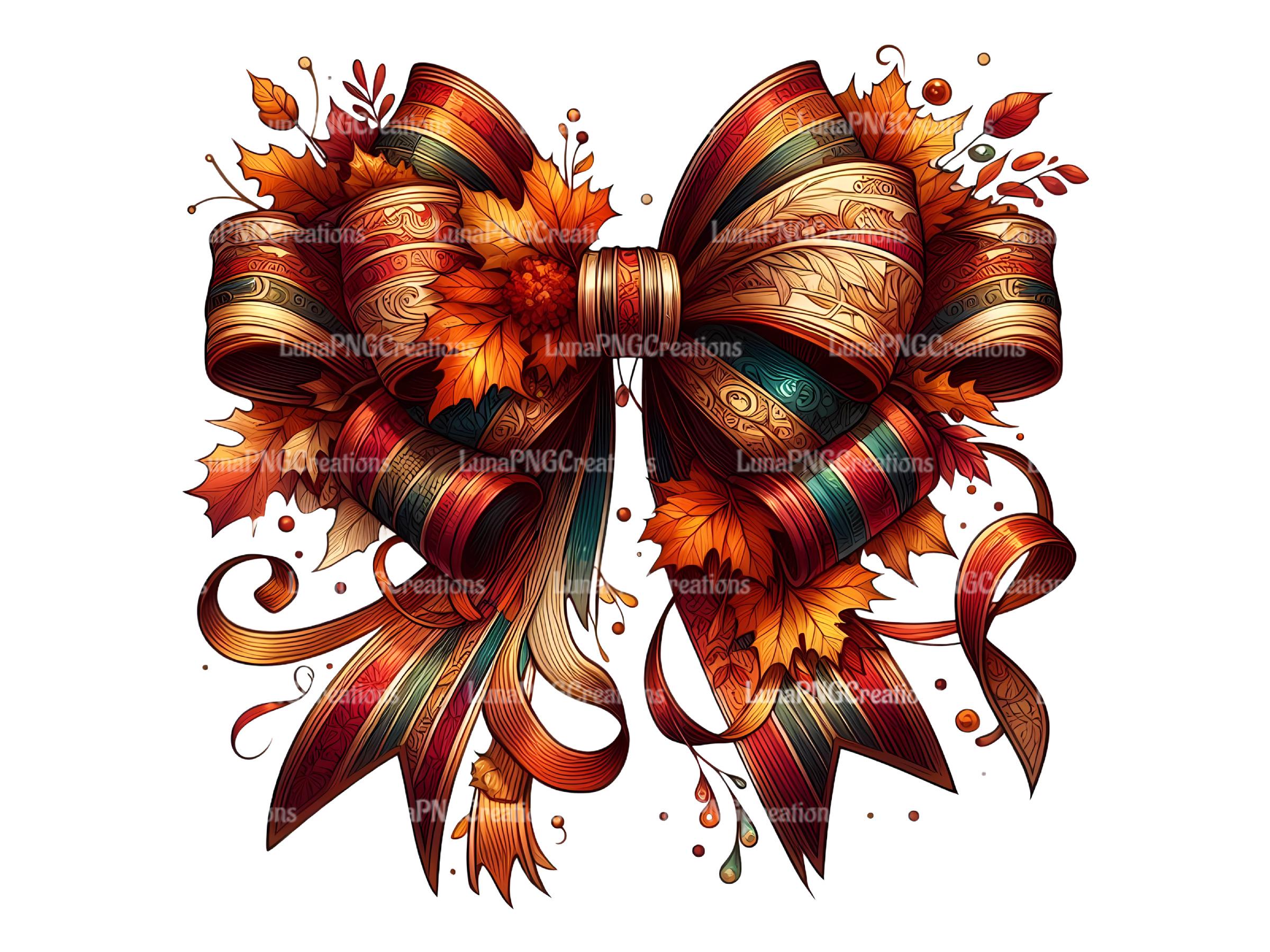 Autumn Bow Clipart PNG, Fall Leaves Digital Download, Elegant Ribbon ...