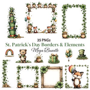 St Patricks Day Frame Clipart, Borders Lucky Shamrock, Whimsical Irish Elements, Animal Holiday