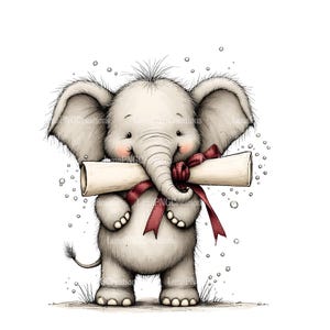 Cute Elephant Print, Baby Elephant Holding Scroll, Nursery Art Decor, Animal Illustration, Gift Idea