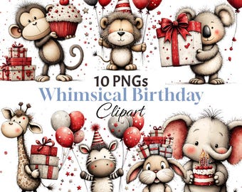 10 Animal Birthday Clipart PNG, Party Animals Digital Art, Whimsical Kids Illustration, Printable Party Decor