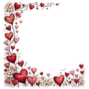 Könnte beinhalten: Aquarell-Illustration mit einem Eckbordüren-Design mit roten Herzen und Blumen. Die Herzen variieren in Größe und Farbton, von tiefem Rot bis hellrosa. Das Design ist vor einem weißen Hintergrund platziert und erzeugt eine romantische und skurrile Atmosphäre.