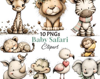 Baby Safari Clipart PNG, Animal Download, Floral Jungle Decor, Baby Shower