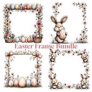 Könnte beinhalten: Ein Ostern-Rahmen-Bundle mit vier Aquarelldesigns. Die Designs umfassen Rahmen mit Ostereiern, Blumen und Hasen. Der Text "Easter Frame Bundle" ist rosa. Die Rahmen haben eine quadratische und rechteckige Form.