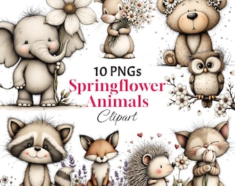 Floral Woodland Animals Clipart, Whimsical Forest PNG (Digital Download)