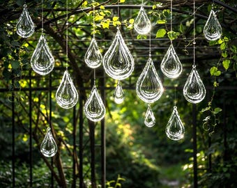 Cíclica de vento mandala, decoração de jardim em aço inoxidável com formato de gota d'água, ornamento 3D para pendurar no jardim.