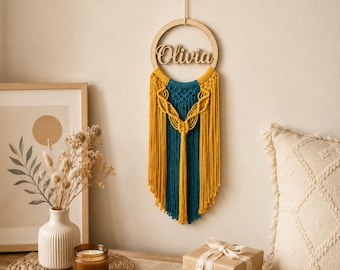 Personalized Macrame Name Wall Hanging, Custom Wood Dreamcatcher Nursery Decor Gift