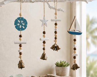 Sino de vento com conchas do Mediterrâneo, decoração suspensa em forma de sino de madeira com contas, estilo costeiro.