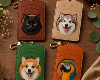 Porta-cartões de couro personalizado com retrato de animal de estimação, chaveiro/carteira de cachorro/gato esculpido à mão.
