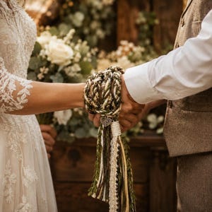 May include: A handfasting cord featuring braided strands in shades of forest green, cream, and brown, accented with a silver-toned heart-shaped charm. The cord is wrapped around two joined hands, with long, loose fringe ends hanging down from a white binding.