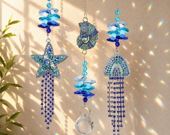 Apanhador de Sol de Cristal Azul, Enfeite de Janela com Strass em Estilo Oceano