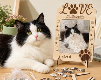 Quebra-cabeça de madeira personalizado com foto do seu animal de estimação, moldura memorial personalizada para cães e gatos com suporte.