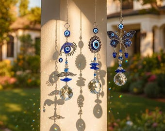 Atrapasueños de cristal de mal de ojo, adorno colgante de ventana de Nazar azul, adorno de prisma creador de arcoíris, regalo de decoración del hogar de protección para ella
