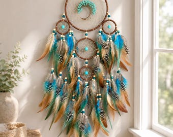 Apanhador de Sonhos Árvore da Vida Turquesa, Pendurado de Pena Boho para Parede, Decoração de Quarto Feita à Mão