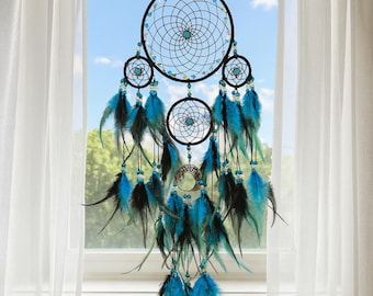 Apanhador de Sonhos Grande com Penas de Cristal para Pendurar na Parede, Apanhador de Sonhos Boho Feito à Mão, Apanhador de Sonhos com Penas e Contas de Cristal, Decoração de Parede Boho para Quarto