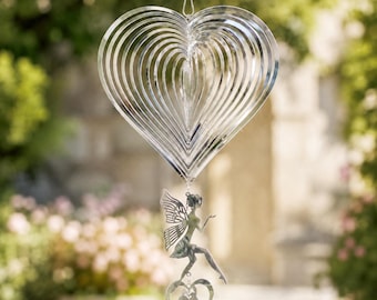 Címulo de Vento 3D em Formato de Coração e Anjo, em Aço Inoxidável, Ideal para Decoração de Jardim.