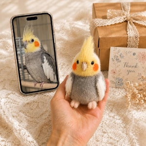 May include: A needle-felted cockatiel figurine with a yellow crest, orange cheek patches, and a grey and white body, held in a palm. A smartphone displays a photograph of a live cockatiel, and a gift box with a thank you card is nearby.