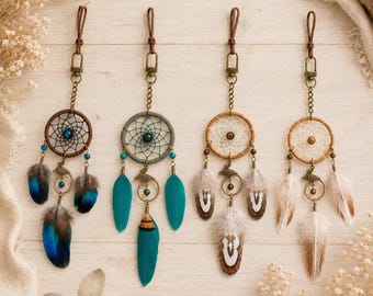 Enfeite de carro apanhador de sonhos boho, ornamento de penas feito à mão para espelho retrovisor, mini decoração de parede