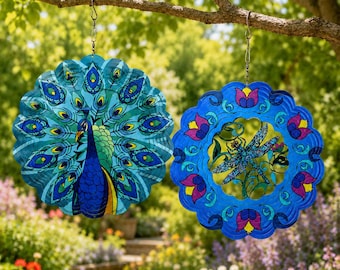 Címero de vento metálico 3D, coruja, borboleta, pavão e libélula para jardim.