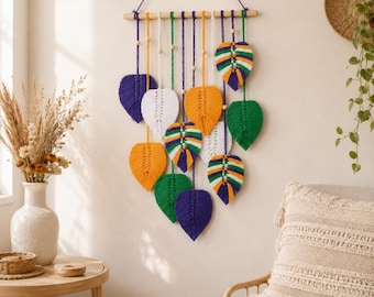 Enfeite de parede boho em macramê com folhas, feito à mão com corda de algodão, decoração botânica para parede.