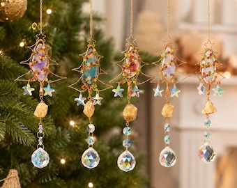 Árvore de Natal de Ágata com Filtro Solar, Enfeite de Janela Arco-Íris de Cristal, Decoração de Natal Feita à Mão