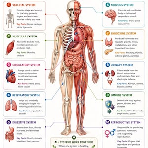 Puede incluir: Un póster educativo titulado Human Body Systems Overview que presenta un diagrama central del cuerpo humano dividido entre los sistemas esquelético y muscular. Detalla diez sistemas corporales con ilustraciones y texto, incluyendo datos sobre 5-6 litros de sangre.
