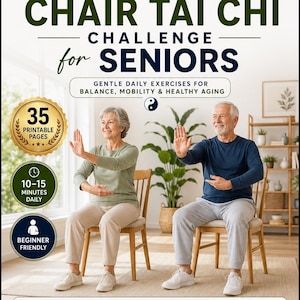以下が含まれることがあります： 「28-Day Chair Tai Chi Challenge for Seniors」と題されたデジタルガイド。バランス、可動性、健康的な老化のための穏やかな毎日のエクササイズに関するテキストが含まれています。35ページの印刷可能なページと1日10〜15分のエクササイズを示すアイコンが表示されています。