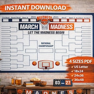 March Madness Bracket 2026 Printable Large Poster, Basketball Tournament, College Championship Pool Board PDF