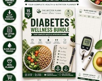Diabetes Wellness Bundle Printable PDF | Blood Sugar Log, Meal Planner, Grocery Checklist, Low GI Foods, Diabetes Tracker