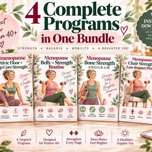 以下が含まれることがあります： 4つのフィットネスプログラムのデジタルバンドル。タイトルは「Perimenopause Pelvic Floor + Deep Core Strength」、「Menopause Belly + Strength Routine」、「Menopause Bone Strength Program」、「Menopause Chair Strength + Low-Impact Program」です。